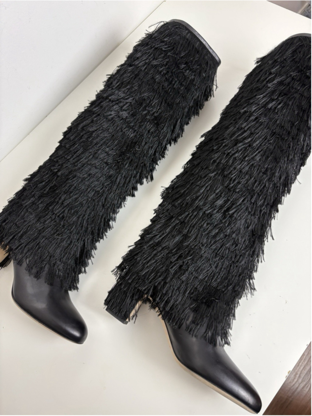 Jimmy Choo Knee High Boots Black Leather Size 37 Magalie Fringe - Picture 13 of 16